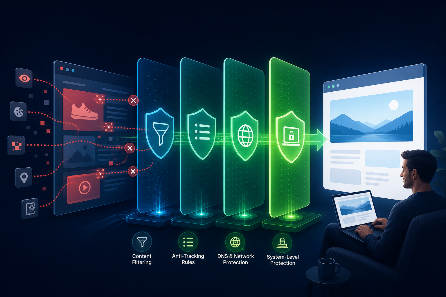 Vrstva ochrany soukromí blokující reklamy a trackery před dosažením čistého prohlížeče